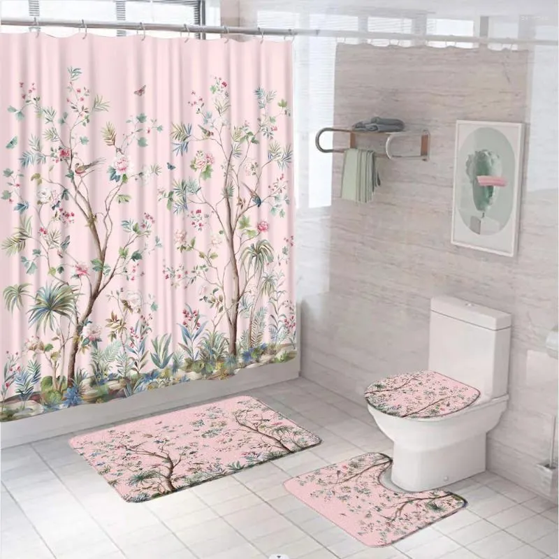 Cortinas de ducha Flores Trez de pájaros Cortina de mariposa Juego de primavera retro Floral Asiático Oriental Arte Chino Arte Creativo Decoración de baño