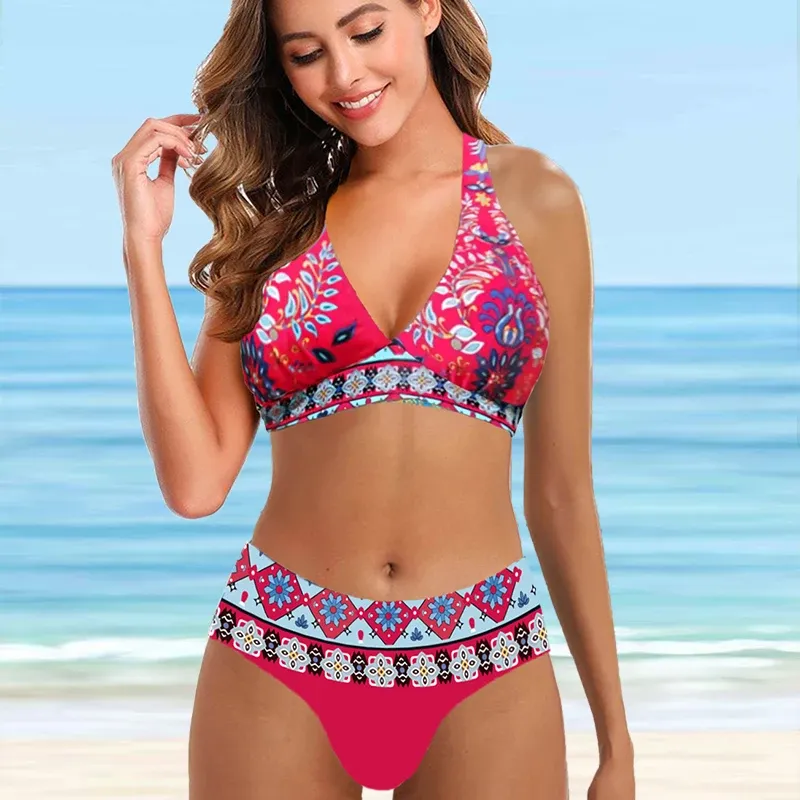 Mulheres praia folhas folhas padrão colete tankini roupas de banho de banho de duas peças Biquíni conjunto de roupas de banho praia de praia s-6xl