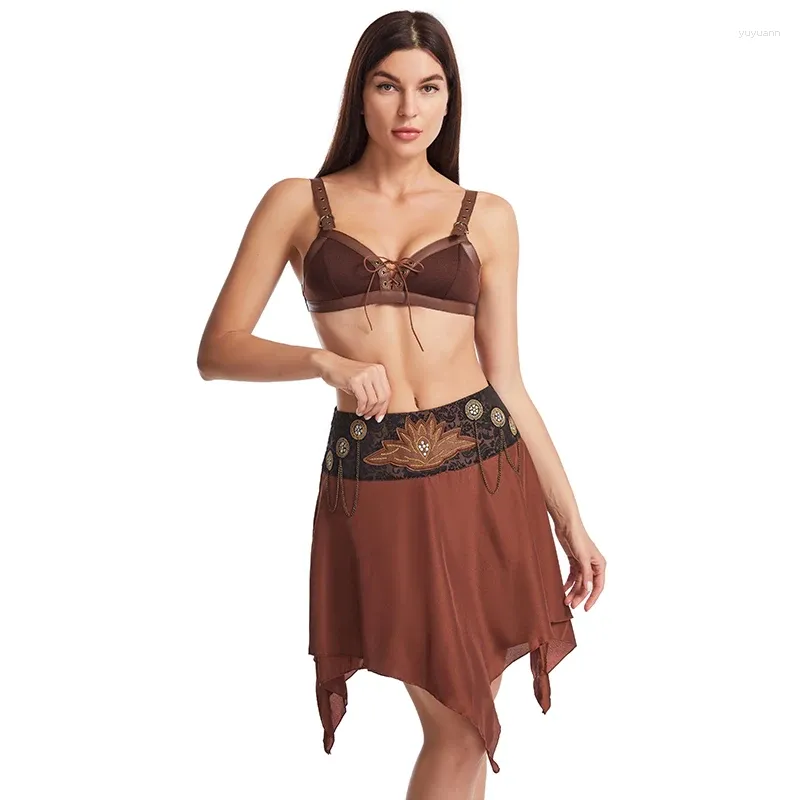 Work Dresses Brown Front Lace Up Sexy Bra And Beaded Chains Low Waist Asymmetrical Vintage Skirt Women Gothic Clothing Steampunk Bralette