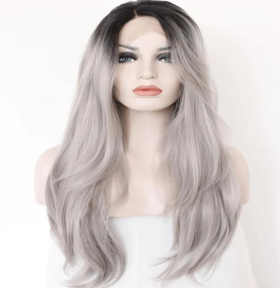 Ombre Grey 2 Tones Синтетические кружевы переднее парик темные корни Длинные натуральные прямые серебряные серебряные парики волос для женщин нагревать RESI5468640