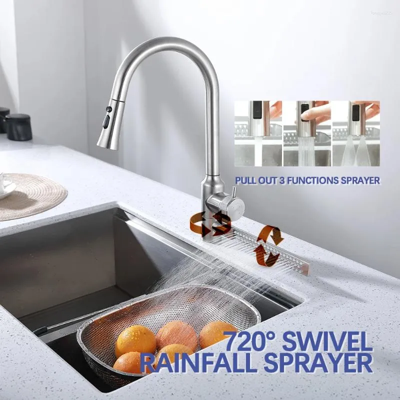 Keukenkranen 720 graden Swivel Luxe Multifunctionele regenval Verwijderbare roestvrij staal 304 Uitvallen Waterval Gootsteenkraan