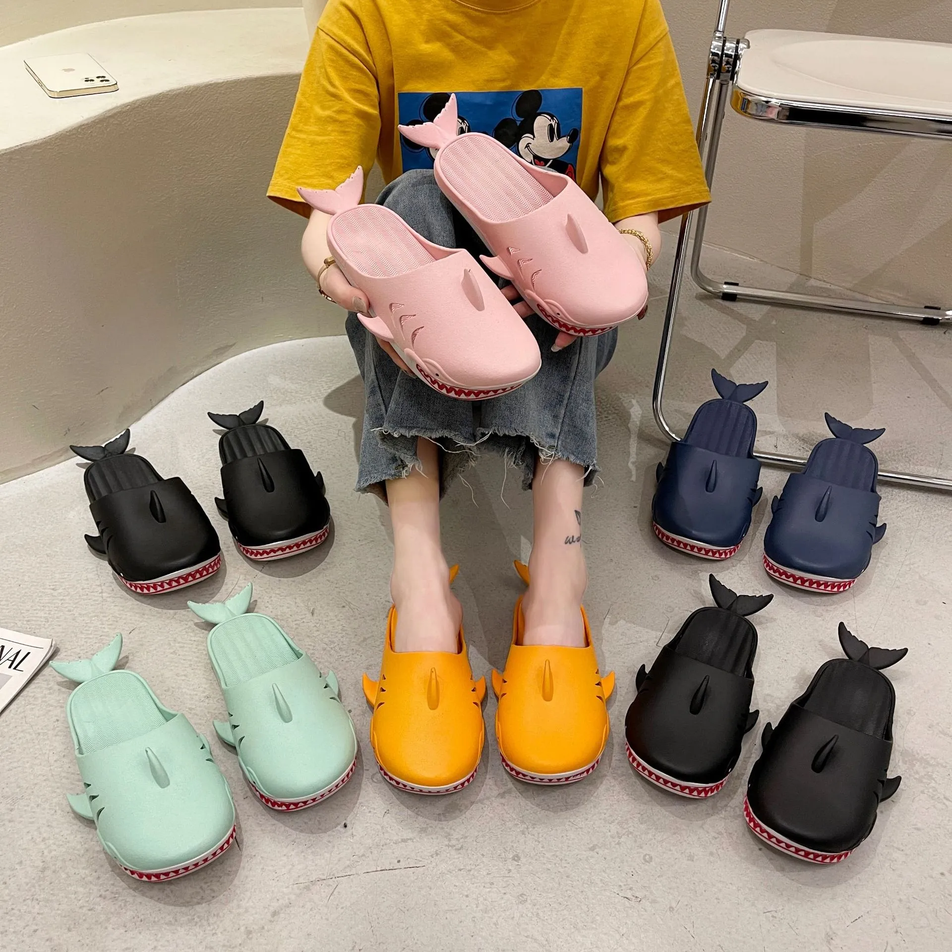 Ny personlighet Rolig haj tofflor Familjepar Bao Head Half Slippers Female Summer Cartoon Beach Shoes Bao Head tofflor Gai