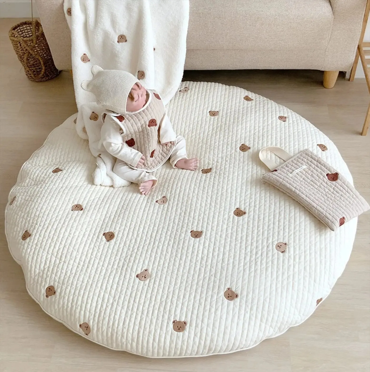 85x3 cm niedźwiedź haft haftowy zdejmowane bawełniane okrągłe dywany dywaniki urodzone Baby Crawling Mat Soft Zipper Pokój dla dzieci Maty 240411