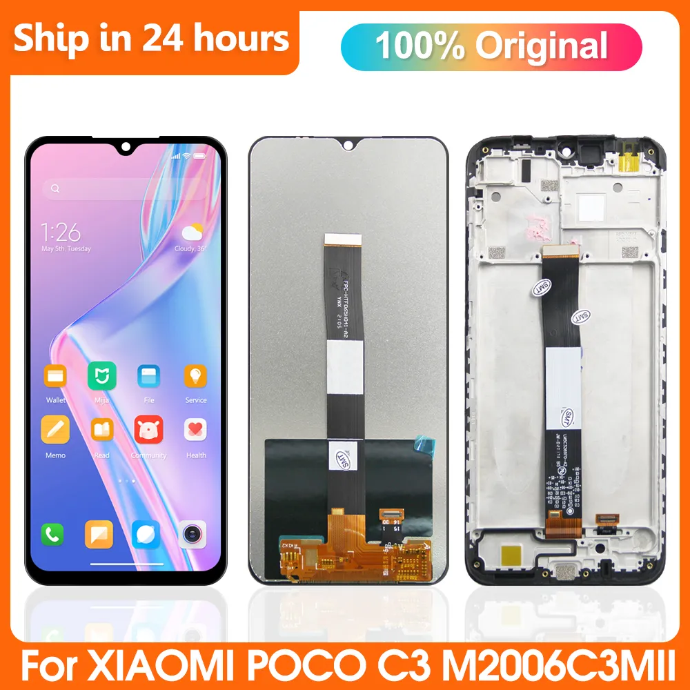 Xiaomi Poco C3 LCD Display RMX2027のオリジナルRMX2027 POCO C3スクリーン交換用のフレームアセンブリ付きタッチスクリーンデジタイザー