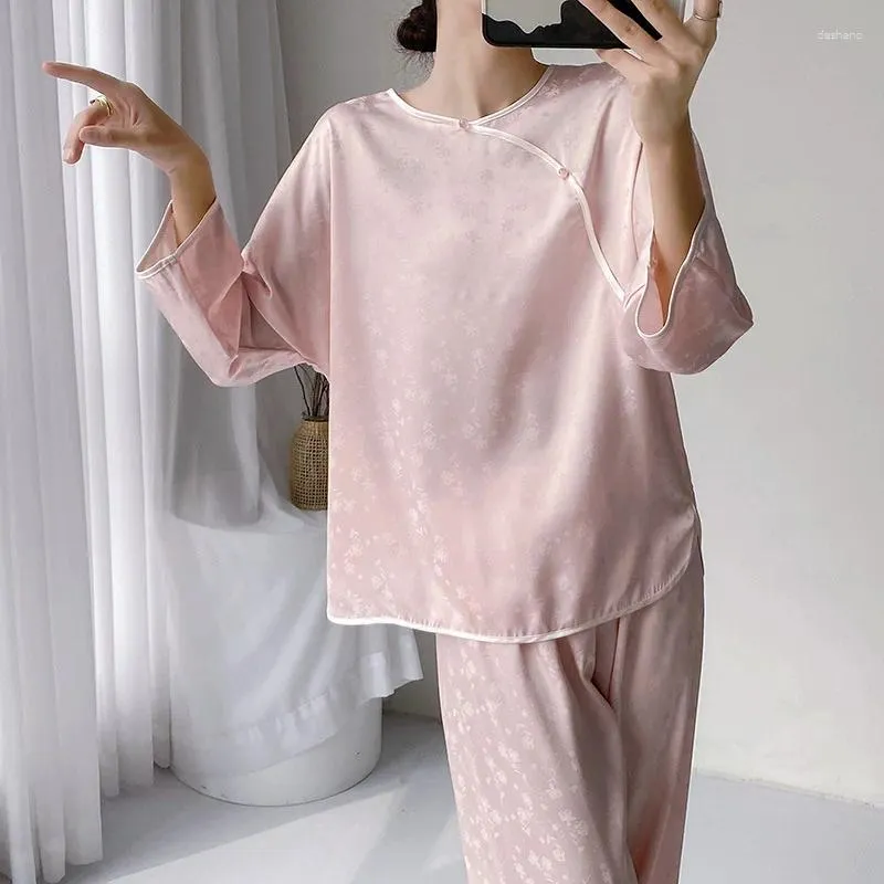 Home Kleding Chinese stijl Pyjama's vrouwen zomerse lente broek set rayon 2pcs nachtkleding slaapkleding lange mouw toppants elegante kleding