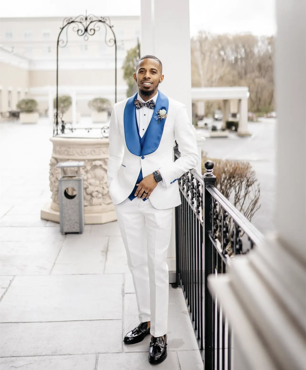 all white with blue blazer