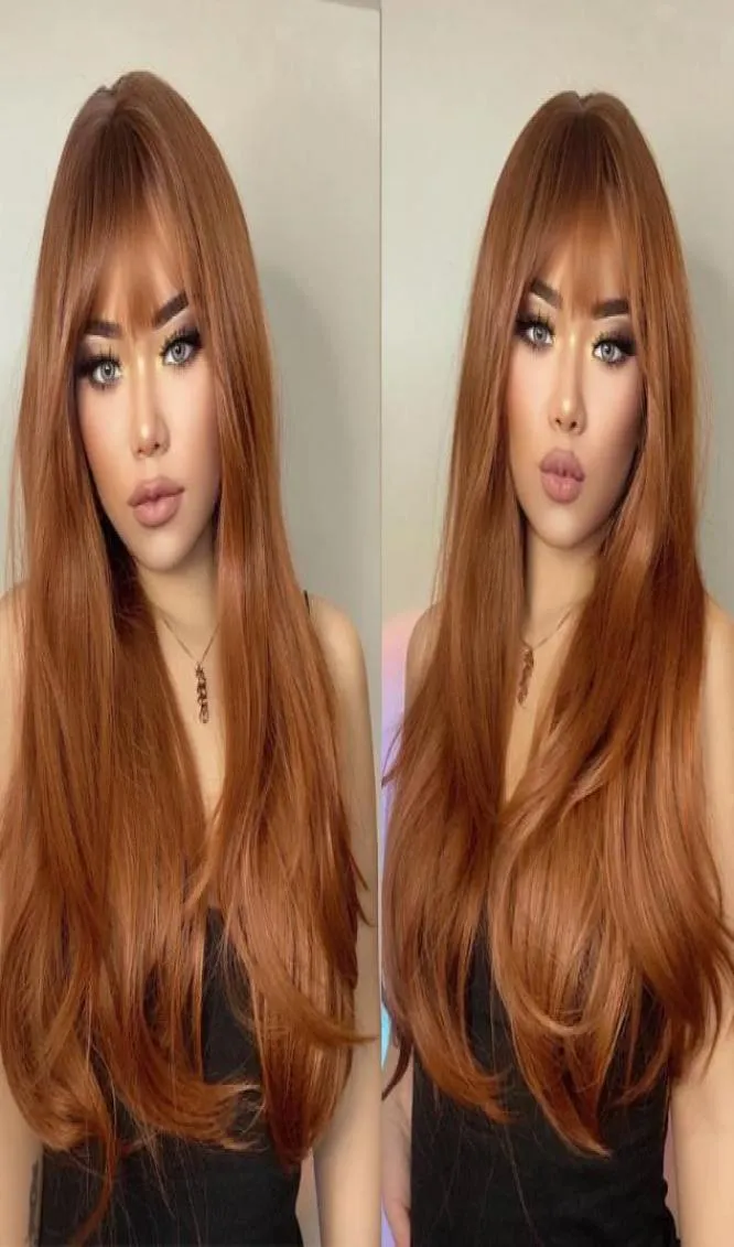 Perruques synthétiques Henry Margu ombre Rouge Brown Copper Ginger Long Wig Fomen Women Natural Wave With Bangs Resistant Cosplay Hair2738393