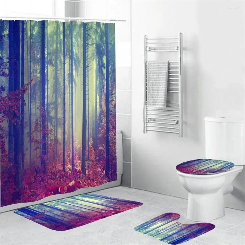 Rideaux de douche Curtain de bain de forêt ensembles arbres et arbustes grands sous le brouillard dense mystérieux fantasme wodland tissu bathrm décoratio