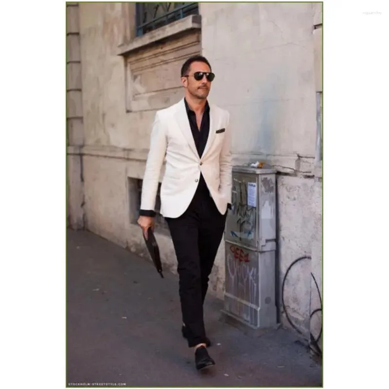 Men's Suits Casual Coat Pant Design Men Slim Fit 2 Pieces White With Black Pants Groomsmen Wedding Prom Party Daily Wear