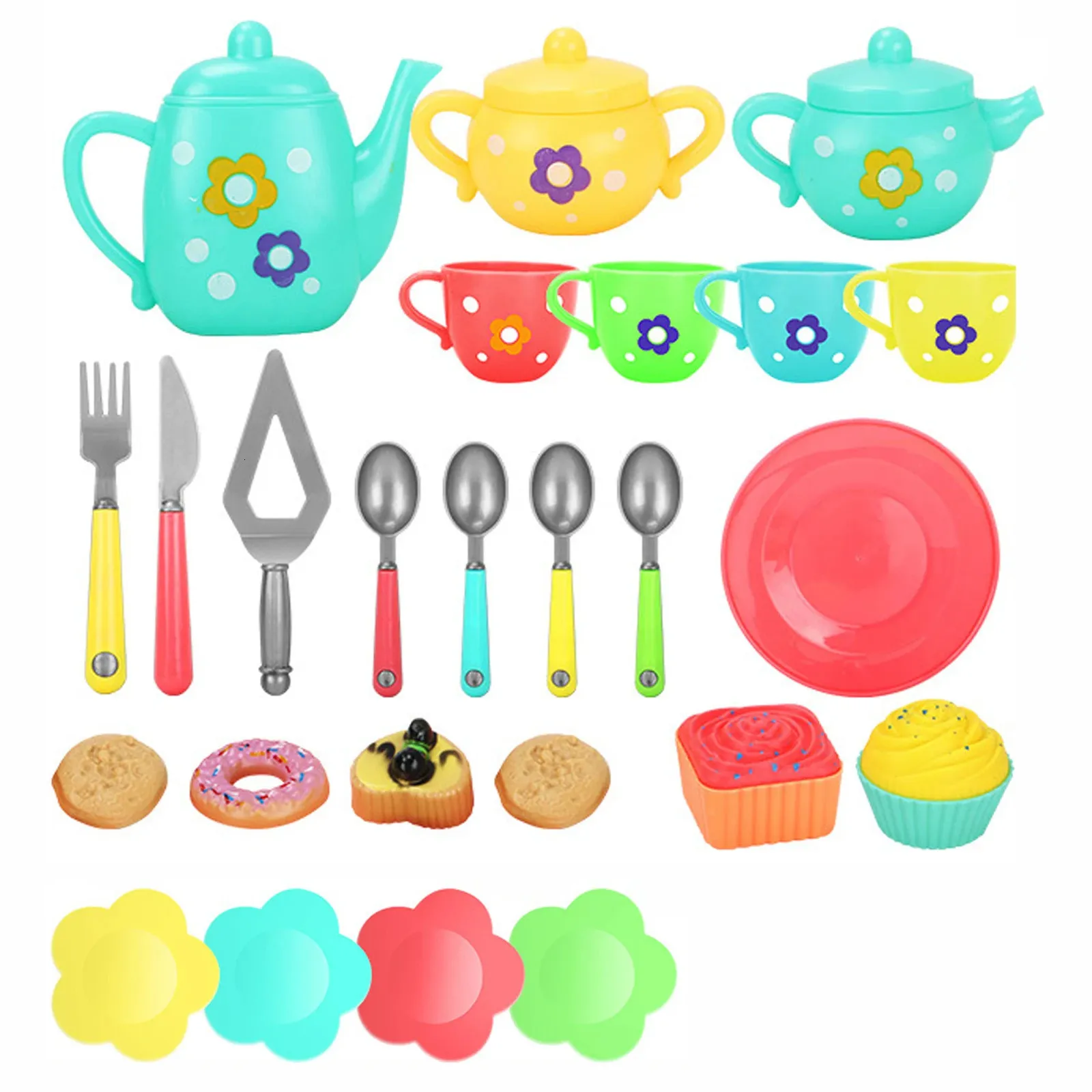 Cups Vroege educatieve theeset voor kinderen kleurrijke nep donuts gladde bowl cadeau keuken doen alsof speelgoed speelgoed veilige schotels peuters 240407