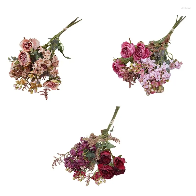 Fleurs décoratives XD-Luxury Retro Roses sauvages avec l'herbe séchée à la recherche de bouquet de fleurs spécial Propographie de mariage Flores Artificiales