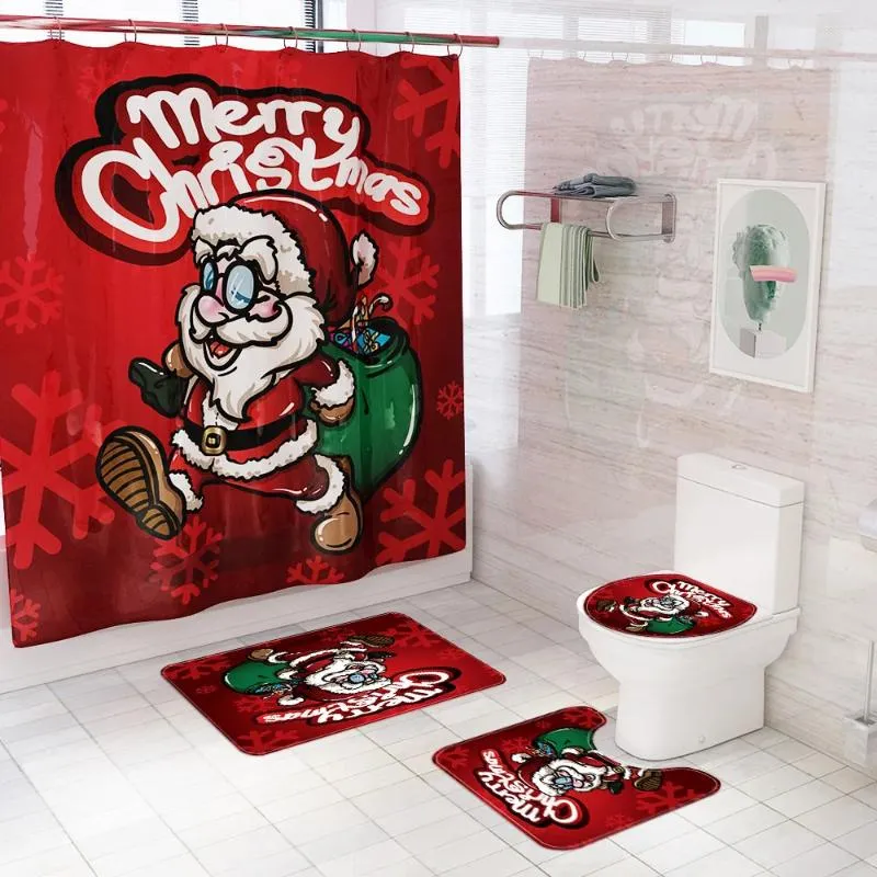 Carpets Christmas 4pieces Set Carpet Cartoon Snowman Print Floor Mat Waterproof Shower Curtain Bathroom Four Piece