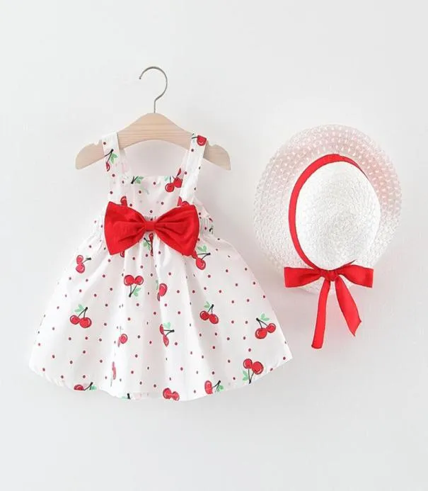 Peuterjurk voor meisjes mouwloze kersen boog prinses jurken boog hoed outfits 1e verjaardag jurk bekise elbise baby meisje cothes2272617