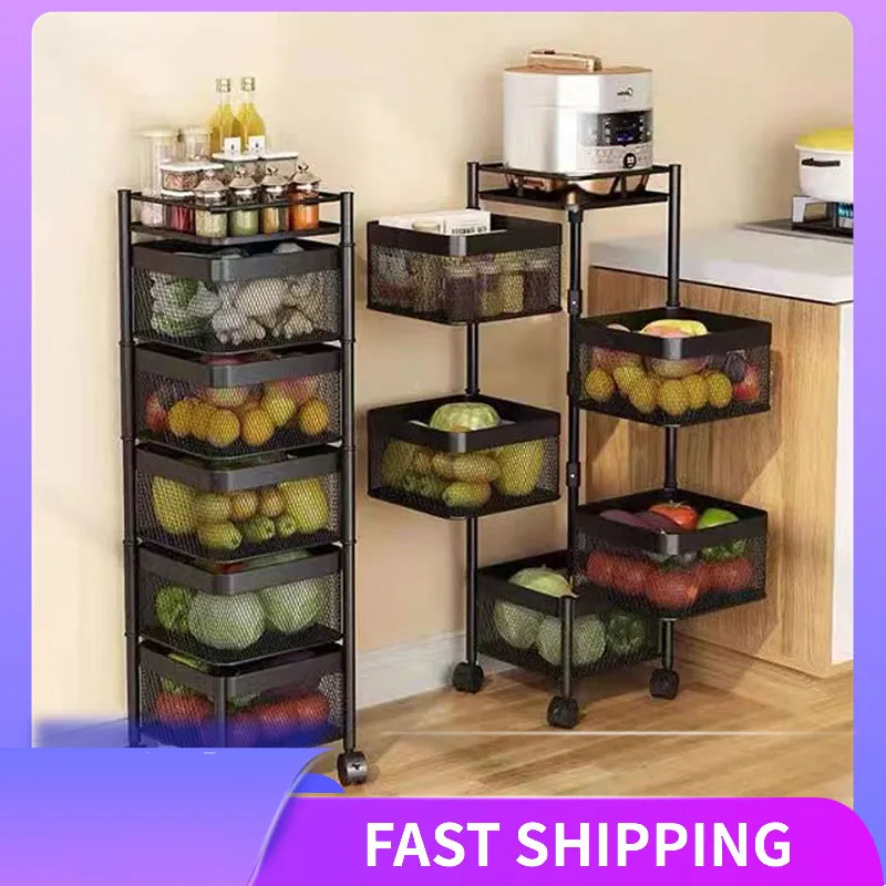 Roterande förvaringskorgar Rack 5 Tier Stapelbar metallkorg Kök förvaring Shelf Cube Fruit Vegetabiliska arrangör med hjul