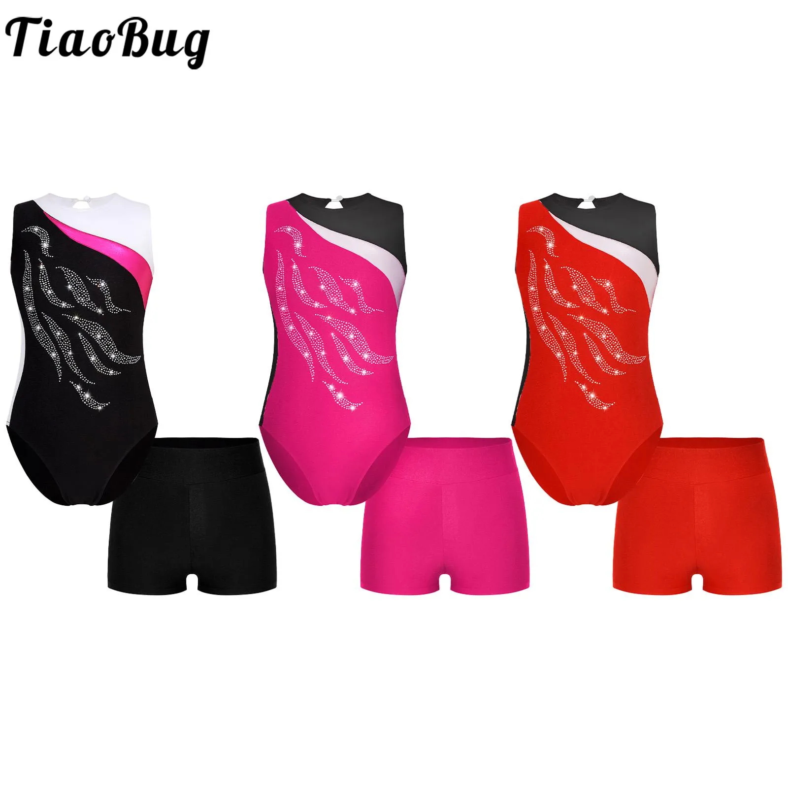 Shiny Rhinestone Gymnastic Leotards with Boxer Shorts Girls Girl Round Patchwork Style Hollow Back Yoga Ballet body