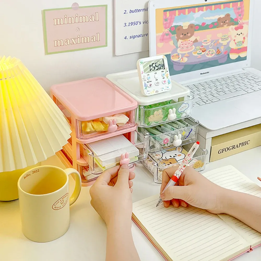 Kawaii Desktop Stationery Storage Box Organizzatore Porta del cassetto Porta Penna Caspetta di plastica Cosmetica Organizzatore di banchi di stoccaggio da scrivania carino