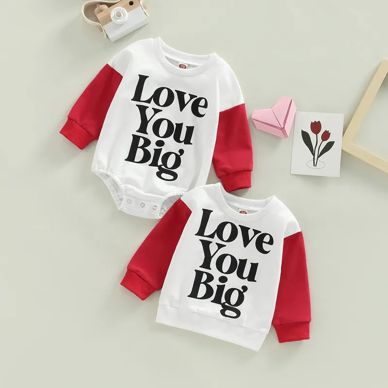 FOCUSNORM 0-4Y Toddler Baby Girls Boys T Shirts/Romper For Valentine's Day Letter Print Long Sleeve Jumpsuit/Sweatshirt