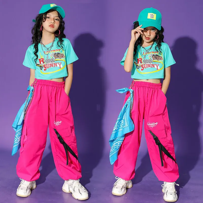 키즈 십대 힙합 의류 작물 Tshirt Tops Streetwear Pink Cargo Pant for Girls Stage Wear Jazz Dance Costumes Rave Close