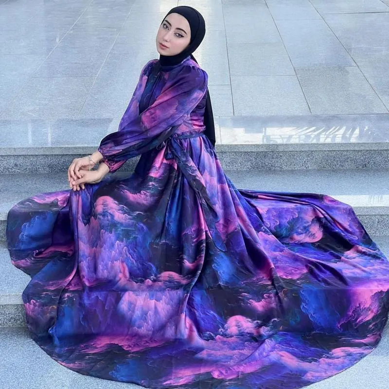 Roupas étnicas primavera de moda islâmica muçulmana impressa na manga longa abaya kaftan marrocos robe vestido dubai vestido de festa feminina peru feminina