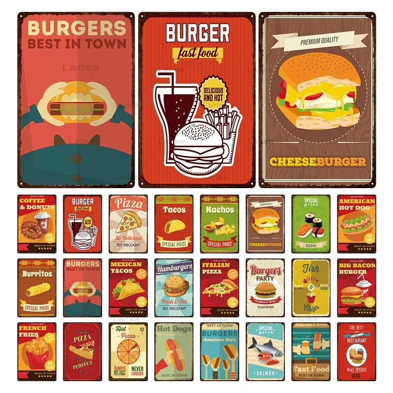 Hamburger Metal Painting Metal Vintage Fast Food Tin Sign arredamento Dispositivo di scatola cucina Cafe Bar Burger Segni in metallo