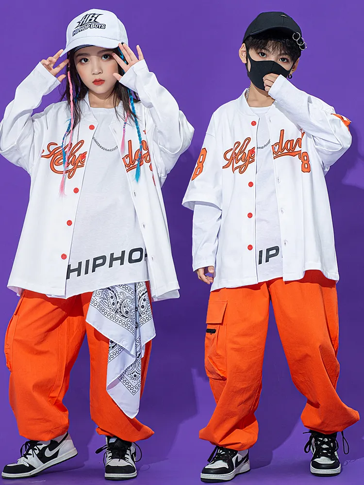 Ballroom Hip Hop Dance Clothes Kids Street Dance Shirt Sliose Orange Cargo Pants for Girls Boys Hip Hop Costume Kpop Suit Bl9989