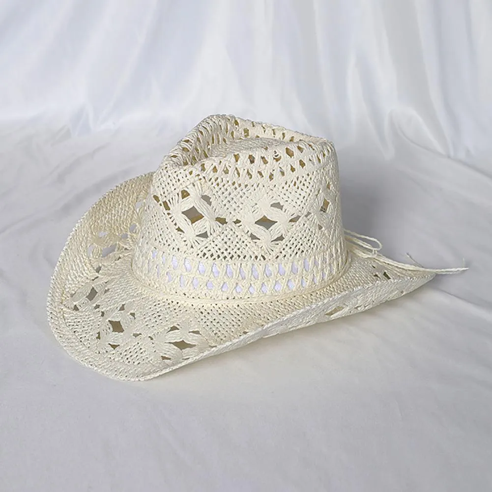 Women Braided Straw Cowboy Hat Unisex Hollow Out Summer Hat  display picture 3