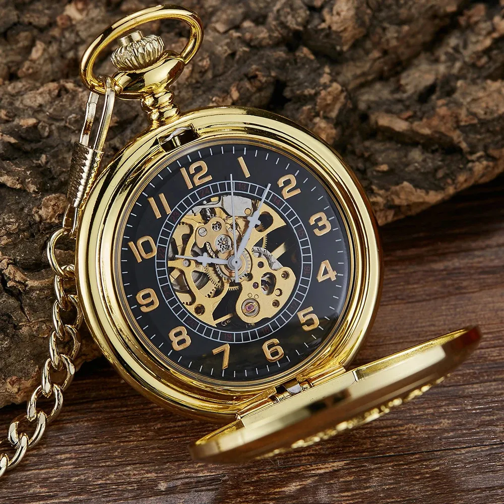 Lysande handlindning Mekanisk fickklocka Pendant Bronze Classical Vintage Hollow Cover Analog For Men Watches Clock Gift 240327