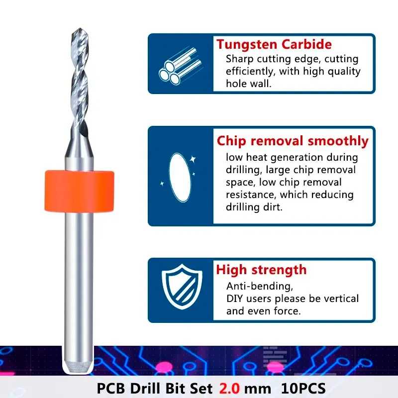 XCAN 2.0mm PCB Drill Bits 3.175mm Shank Import Carbide PCB Gun Drill Bit for PCB Print Circuit Board Drilling Tool 10pcs/box