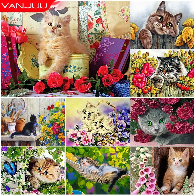 5D DIY Diamond Painting Cute Cat Flower Full Round Diamond Mosaic Animal Diamond Embroidery Kit Rhinestone Home Art Decoration