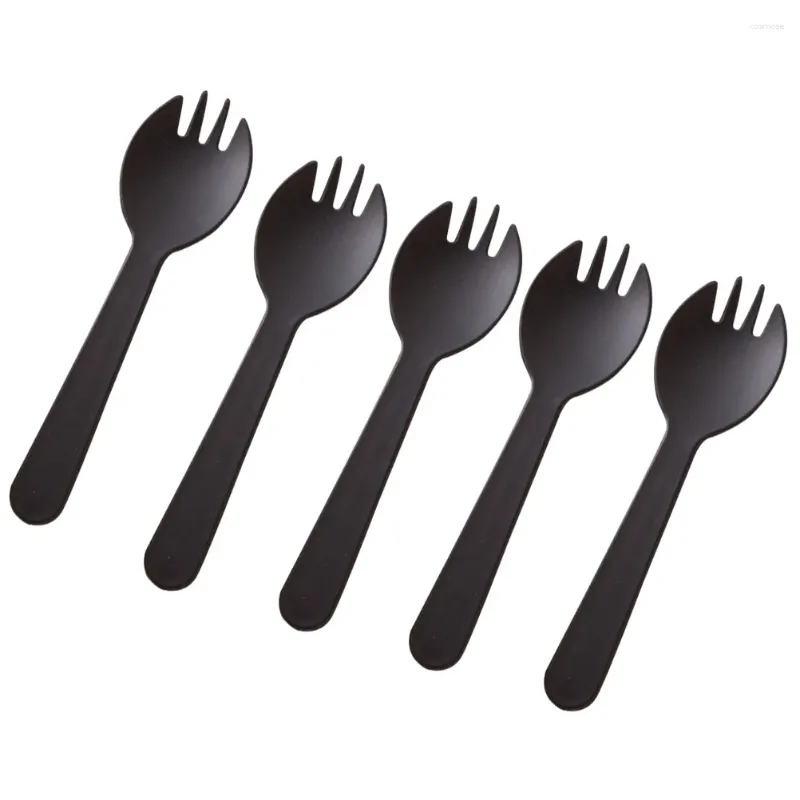 Couverts jetables 100pcs créatifs 2-en-1 Sprows Plastic Spoon Forks For Cake Ice Cream Salad Fruit Dessert (noir)