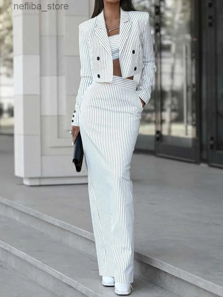 Sexy Rock Muyaruho 2023 Herbst Winter Women Office Dame Striped Maxi Rock Set White Outfits Bodycon Slim 2 Two -Two -Patching -Anzüge Set L410