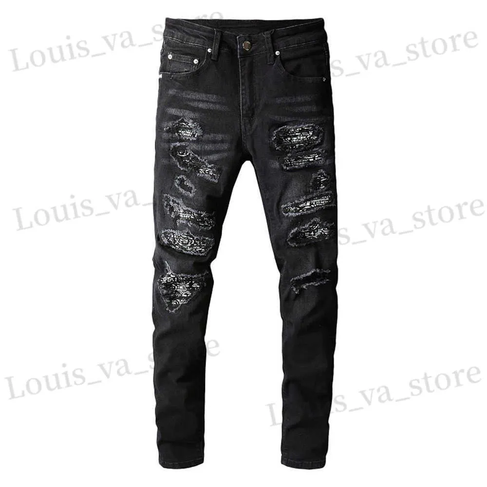 Męskie dżinsy męskie Bandanna Paisley wydrukowane patchwork dżinsy Strtwear Czarne dżinsowe spodnie ołówkowe Slim Chude Ripped Spodni T240411