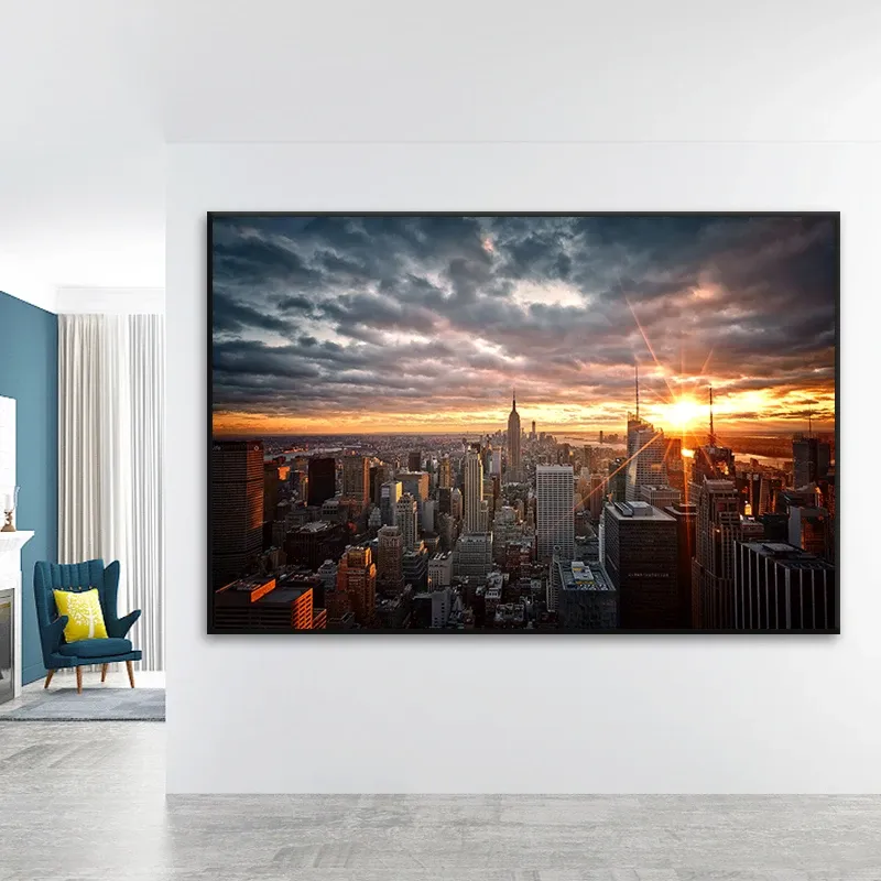 New York Cityscape Canvas Malowanie wschodu słońca w nowoczesnym mieście HD Potograficzne nadruk ścienny obraz dla biurowego wystroju domu plakat