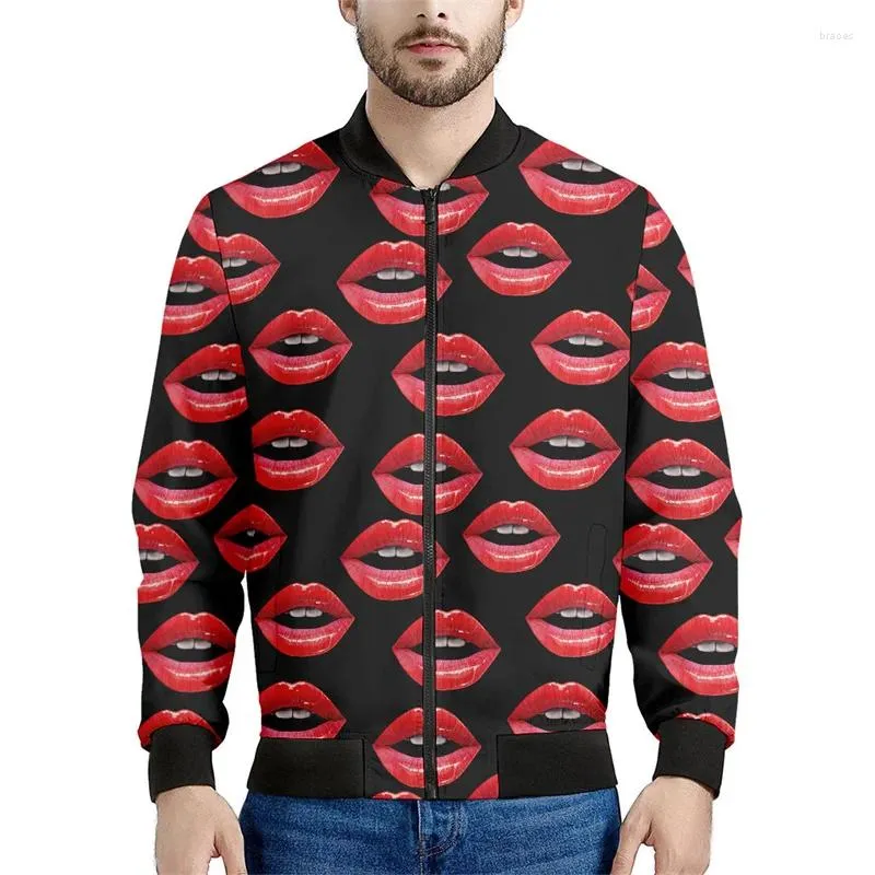 Erkek ceketler korkak kırmızı dudaklar erkekler için grafik ceket kadınlar 3d baskılı sweatshirt serin gündelik bombardıman uçağı fermuarı moda üstleri ceket