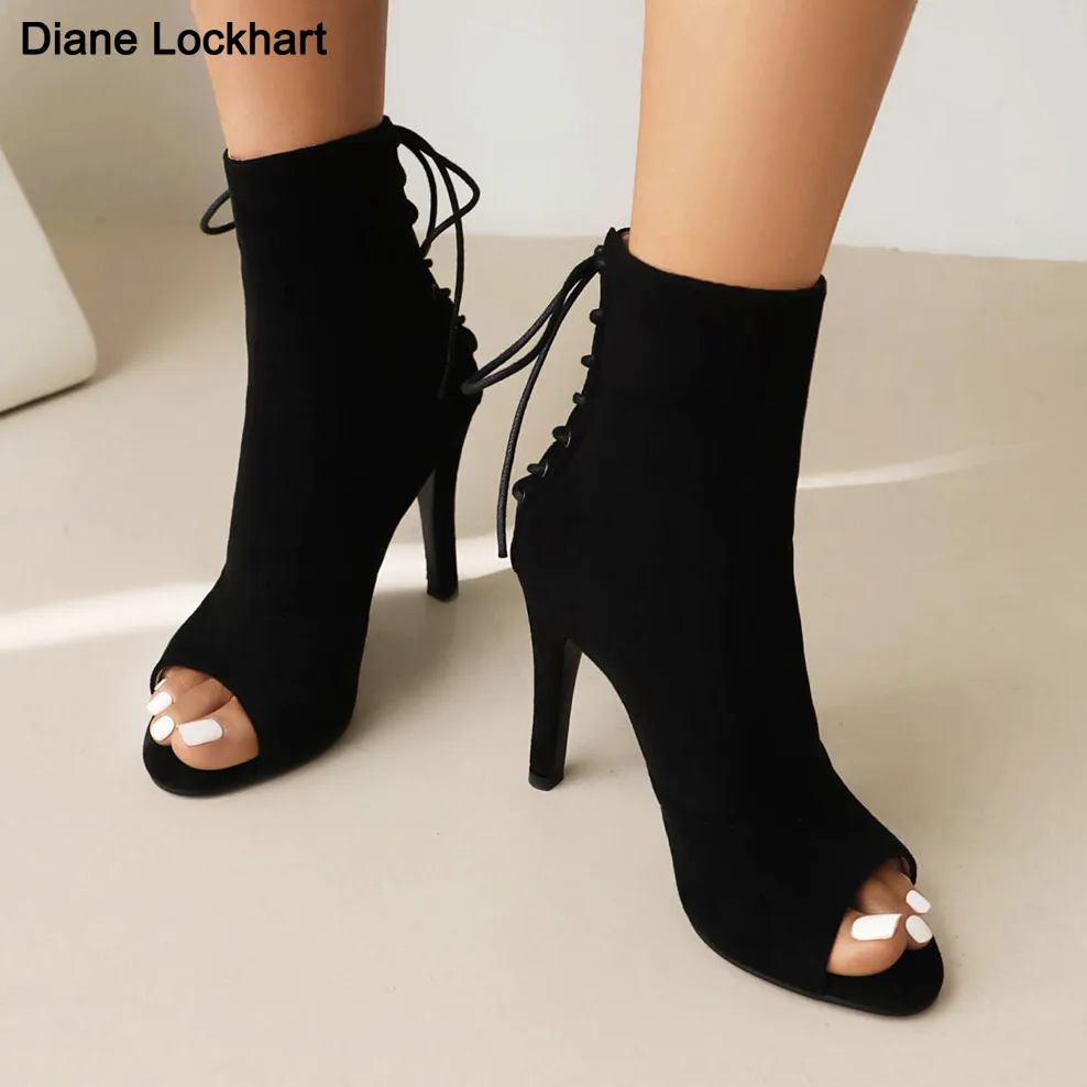 New Style Ladies Peep Toe Ankle Boots Women Suede High Heels Back Lace Up Dance Shoes Lady Black Sexy Fish Mouth Booties 42 From 31 92 DHgate