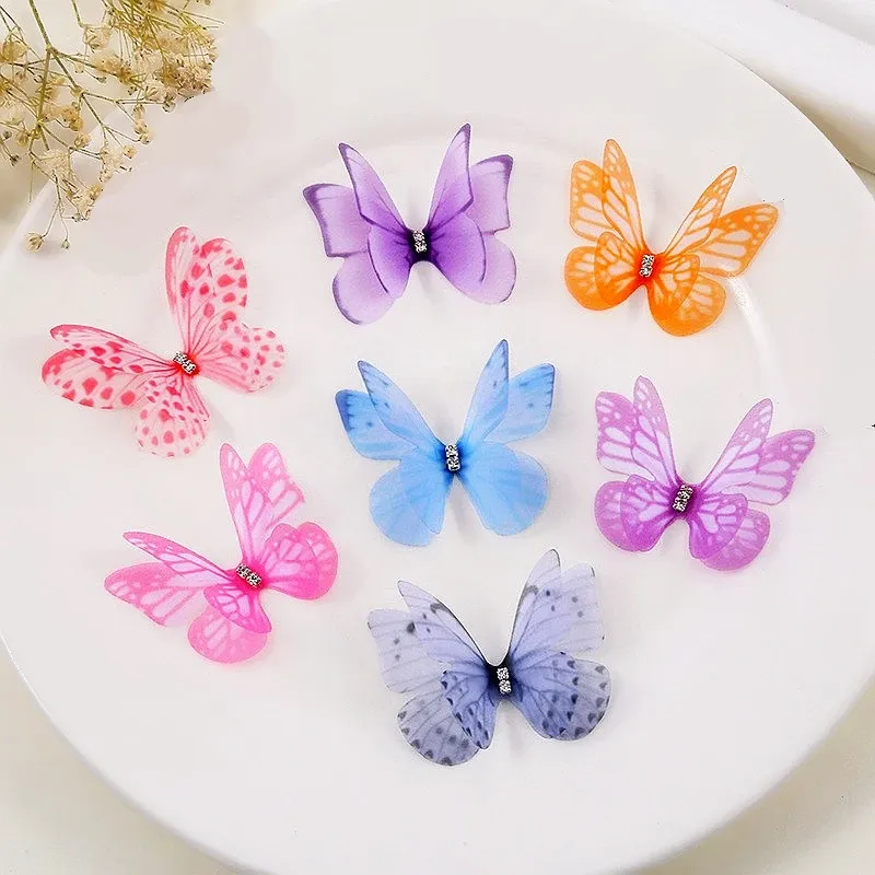 100pcs Organza Double-couche Butterflies / Rignestone 3D Silk Papillons pour pinces à cheveux, papillons de mariée de 4,5 cm