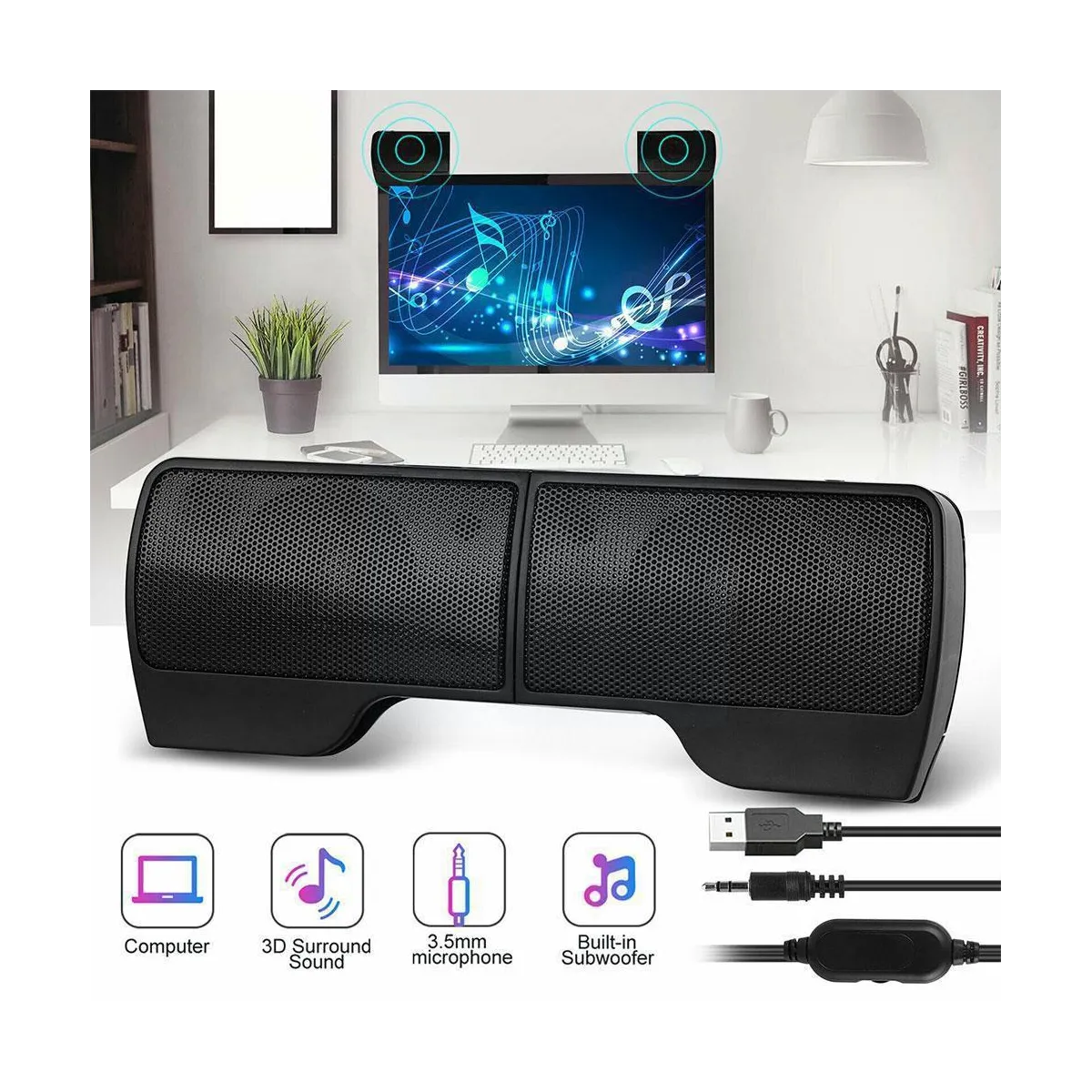 Mini USB Stereo Speakers: Portable Soundbar with Clip for Laptops, MP3s ...