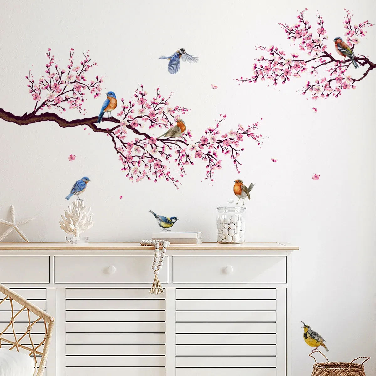 Blue Peach Blossom & Birds Wall Decals - 3D Watercolor Floral Tree Stickers, Peel & Stick For Bedroom, Nursery - View #2