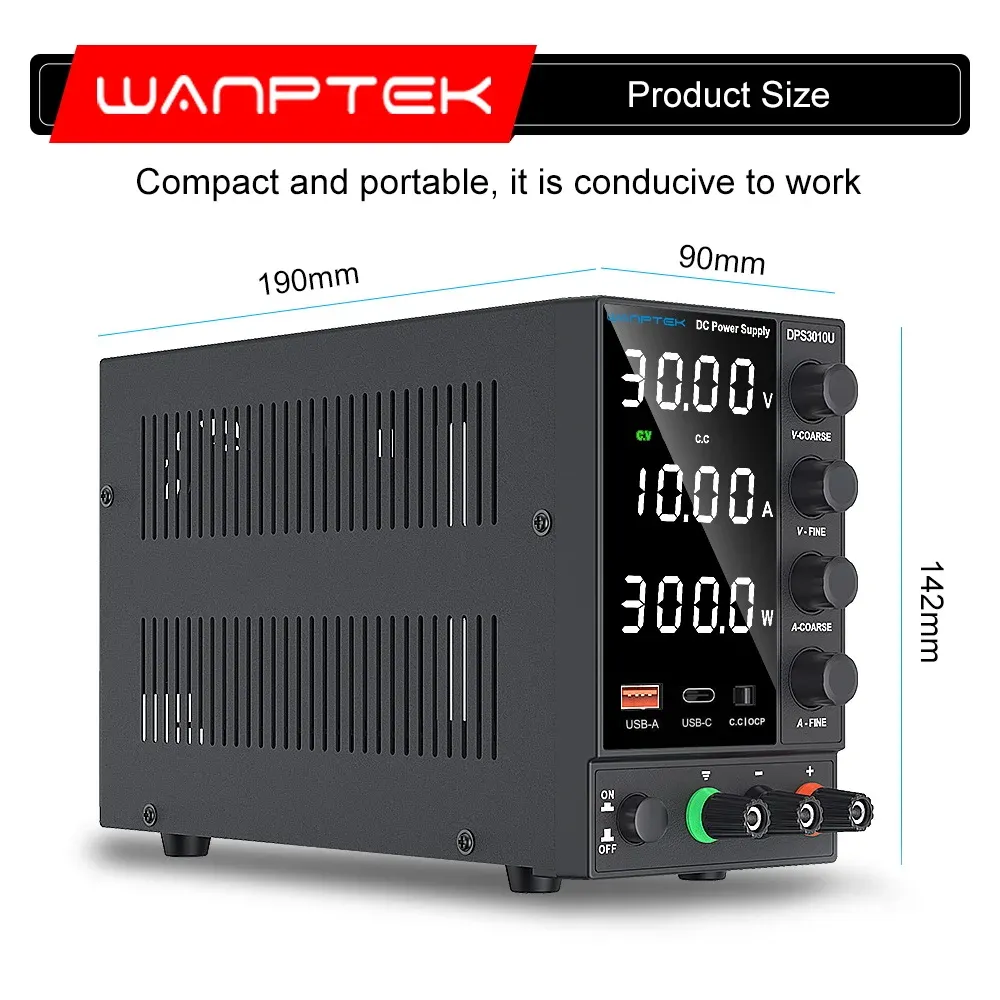 Wanptek Adjustable DC Power Supply 30V 10A USB C Lab Stabilized Voltage Regulator Switching Power Source 120V 3A 60V5A 110V 220V