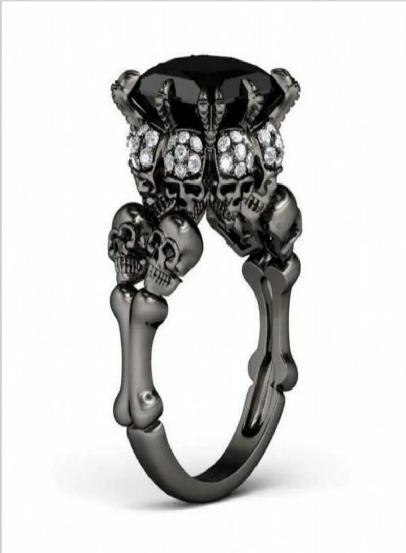 Brand Punk Jewelry Skull 10KT Black Gold Filled Demon Princess 5CT Black Sapphire Cocktail Wedding Bands Ring for Women Men61410835430380