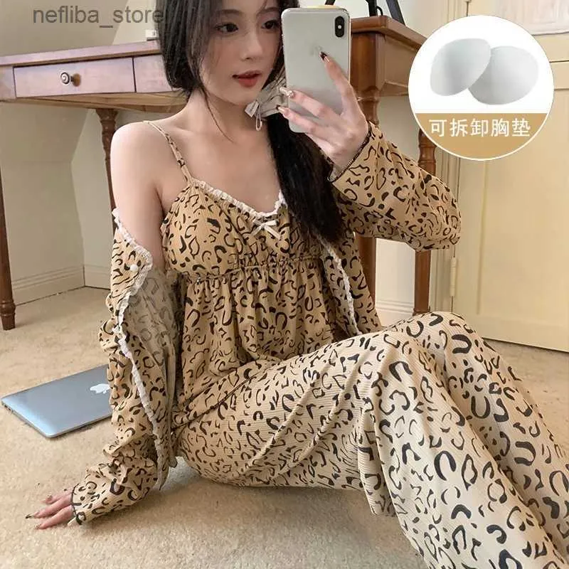 Pajamas sexy 2024 Nuovo autunno 3 pezzi a manica lunga y leopard cotone set di pigiama per donne coreano abbigliamento per il sonno homewear pijama mujer vestiti l410