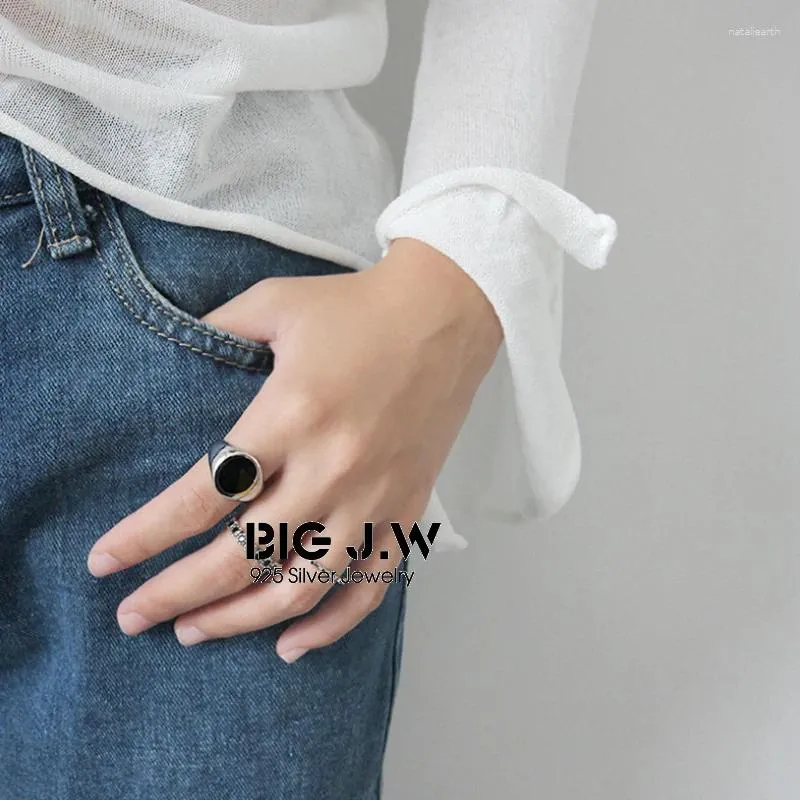 사이드 스톤즈 Big J.W Fashion 925 여성용 스털링 실버 링 독특한 블랙 에나멜 조절 가능한 열린 웨딩 밴드 간단한 남자 보석