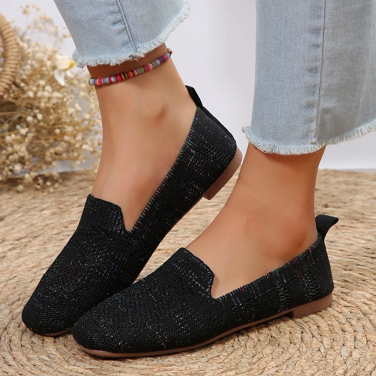 2024 spring new large size square flat flat woven single shoes women's slip-on casual shoes