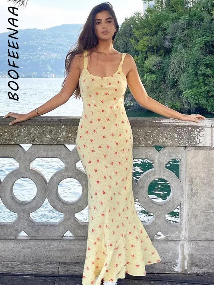 Casual Dresses Boofeenaa Floral Long Fishtail Dress 2024 Summer Sleeveless Maxi Women Elegant French Picnic Vacation Outfits C16-CE28