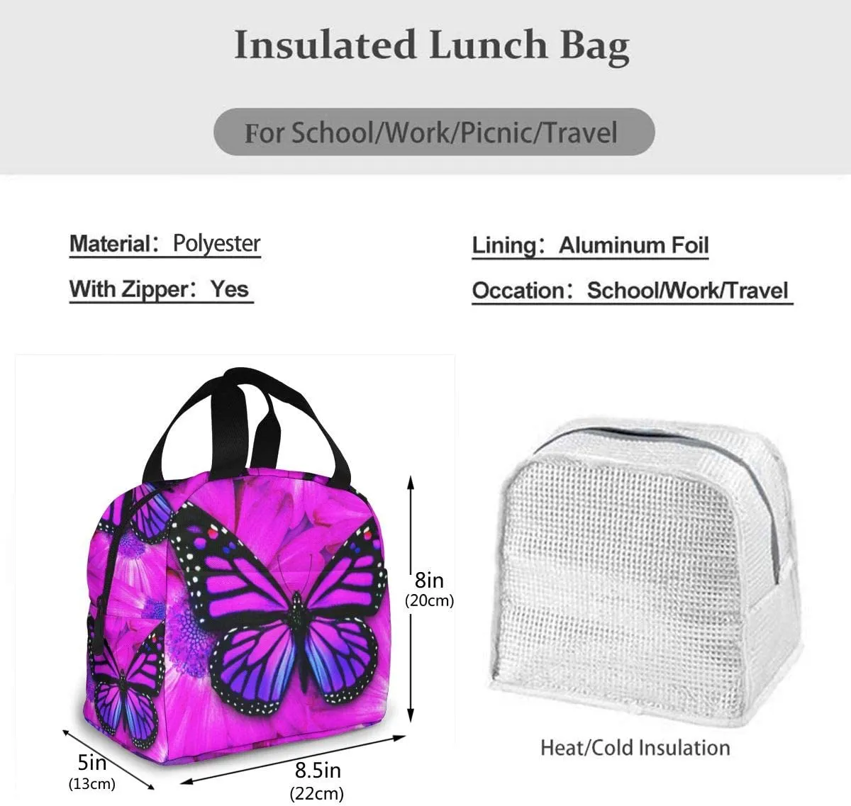 Borsa da pranzo isolata a farfalla viola a perdita di pranzo figo per le donne riutilizzabili borsetti termici per la spiaggia da picnic scolastico di lavoro