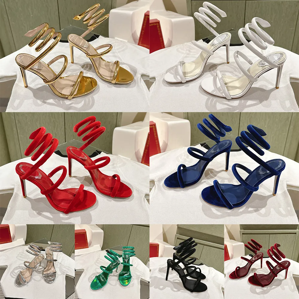 Saltos de salto de fundo vermelho espelhar veludo estrondo sandálias de estiletto rene caavilla rc cleo 9,5cm Party Shoes de festas feminino tornozelo tornozelo rodeio de luxo Caixa de cinto de trabalho designer 35-43