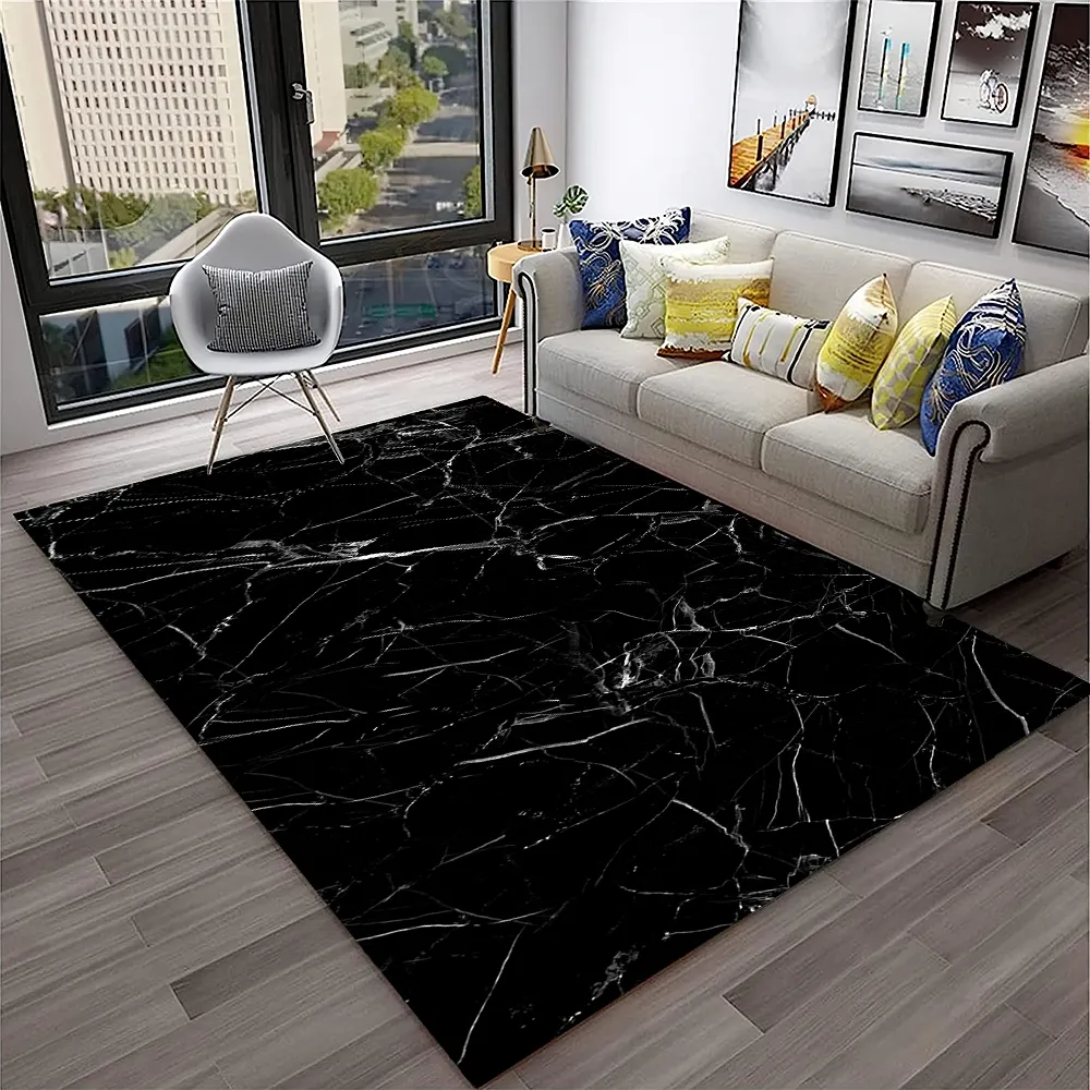 Tapis Léger De Luxe Pour Salon, Tapis Lavable En Marbre Noir Et Blanc, Tapis à Rayures Ondulées, Tapis Antidérapant Pour Chambre à Coucher, Décoration D'intérieur Et Cadeaux