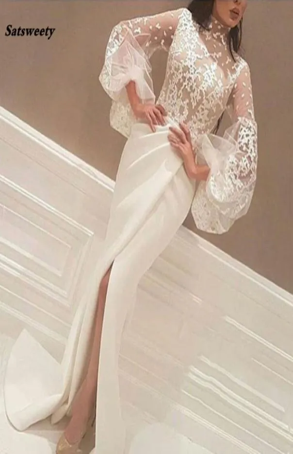 White Muslim Evening Dresses Mermaid High Collar Long Sleeves Lace Slit Islamic Dubai Saudi Arabic Long Evening Gown Prom5997632