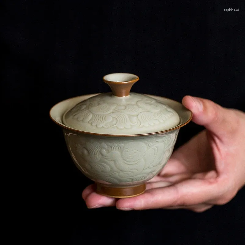 Tee-Sets Honey Glaze geprägte Peony Gaiwan Chinesische Retro-Retro-Haushalts-Nicht-Scald Tea Brewing Bowl Set