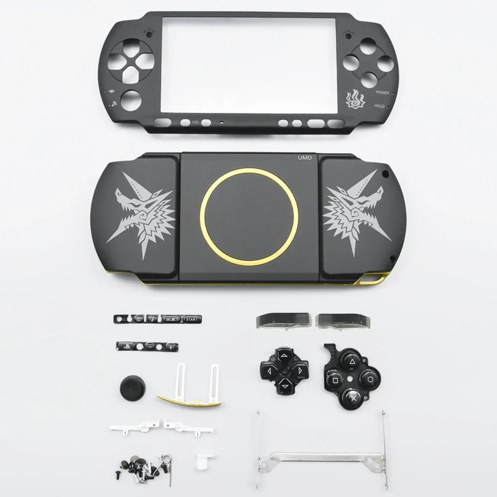 Gevallen voor PSP 3000 reparatieonderdelen voor monster jager thema vervangende behuizing shell face plate bodem cover case met volledige knoppen kits